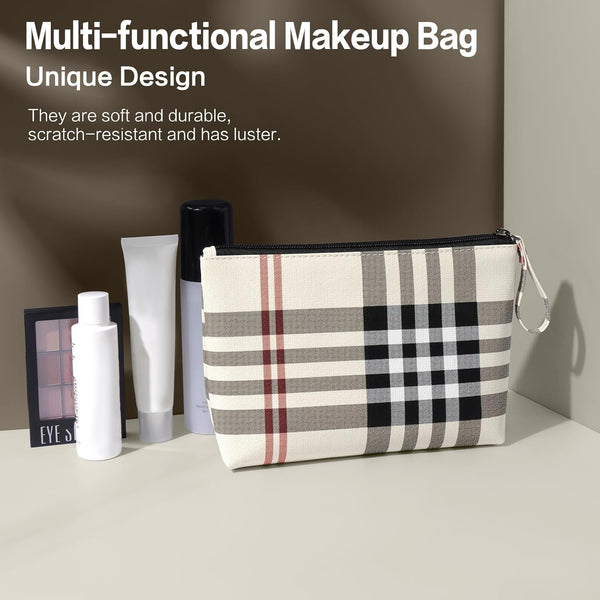MAANGE Small Makeup Bag for Purse Cosmetic Bags for Women Pu Leather Makeup Pouch Travel Makeup Bag with Handle Make up Bag for Travelling(Khaki)
