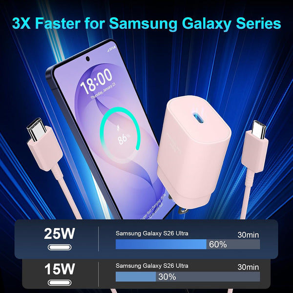 Super Fast Charger Type C, 25W USB C Wall Charger Fast Charging 6.6FT Cable Pink 6.6FT