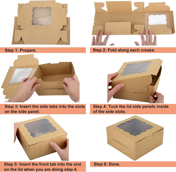 60 pcs Bakery Boxes with Window, 6 x 6 x 3 inches, Kraft Cookie Boxes Pastry Boxes for Baked Goods (Brown)