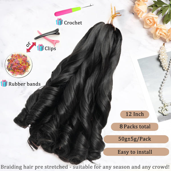 French Curl Braiding Hair 12Inch 8Packs French Curl Crochet Braids Short Curly Crochet Hair Bouncy Synthetic knotless Braiding Extensions(1B,