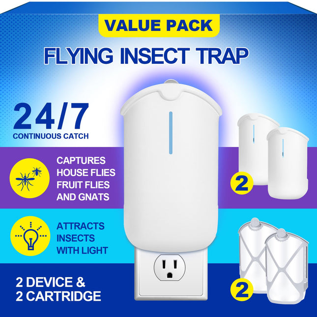 Flying Insect Trap, Compatible with ZEVOM364A Refill, 2 Plug-In Base + 2 Cartrid