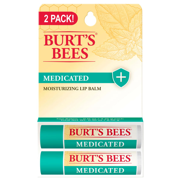 Burt's Bees Medicated Lip Balm, With Eucalyptus Oil and Menthol, Tint-Free, Natural Origin Lip Care, 2 Tubes, 0.15 oz. Medicated 2 Count (Pack of 1)