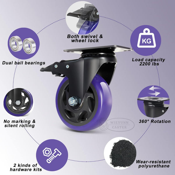 5 Inch Caster Wheels with Brake, Heavy Duty Casters Set of 4 2200lbs, Swivel Casters with Double Ball Bearings, Dual Locking Casters,Wheels for