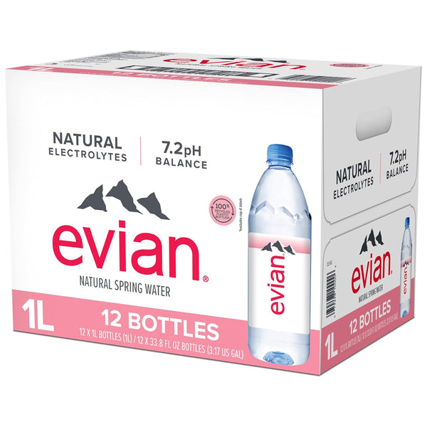 Evian Natural Spring Water, 1 L Bottle, 12 Pack