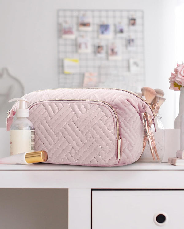 BAGSMART Travel Makeup Bag, Cosmetic Bag Small Make Up Organizer Case,Wide-open Pouch for Women Purse for Toiletries Accessories Brushes Pink A-1