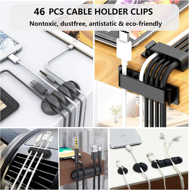 N NOROCME Cord Management Organizer Kit 4 Cable Sleeve Split with 41Self Adhesive Clips Holder, 10Pcs and 2 Roll Self Ti