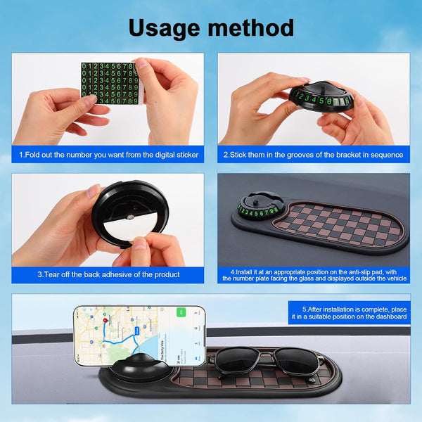Multifunction Car Anti-Slip Mat, Rotatable anti Skid Car Dashboard Pad with Temporary Parking Numbe, 360ÃÂ° Rotating Universal Car Phone