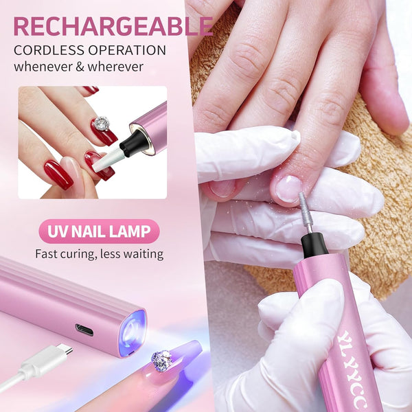 Cordless Nail Drill Electric File with UV Nail Lamp: Professional for Acrylic Gel Dip Powder Nails Portable Nail Drill Machine Kit for Manicure