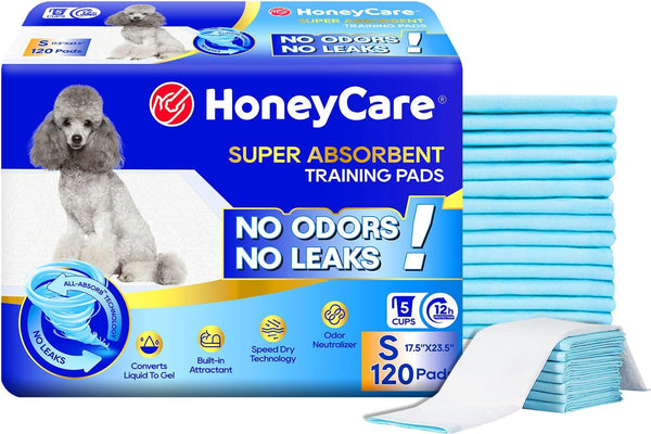 Honey Care All-Absorb, Small 17.5" X 23.5", 120 Count, Dog and Puppy Training Pads, Ultra Absorbent and Odor Eliminating, Leak-Proof 5-Layer Potty