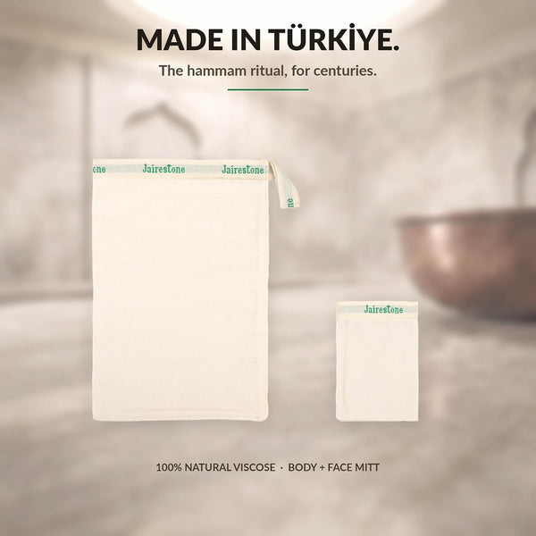 Jairestone Exfoliating Shower Mitt Set of 2 — Turkish Hammam Kese Body Scrubber & Face Exfoliator — 100% Natural Viscose, No Plastic — Lifts Away