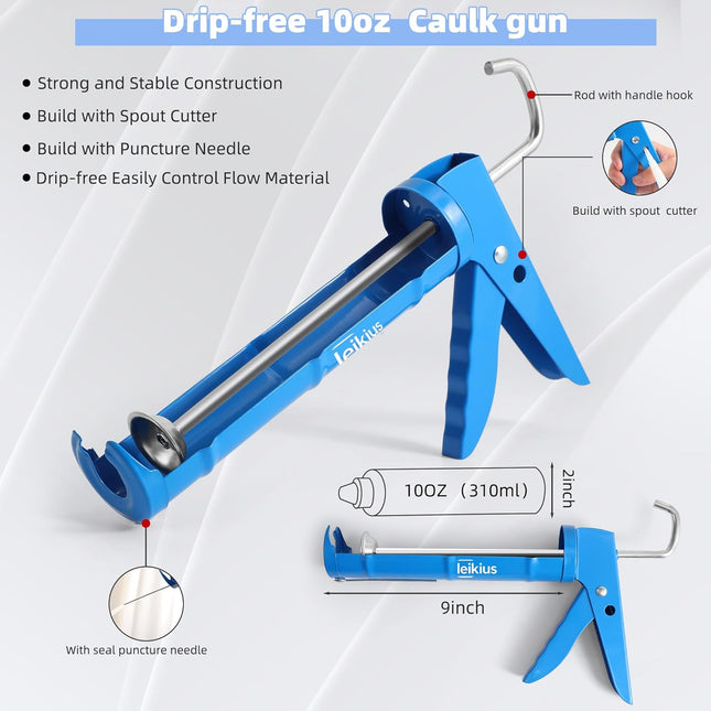 Caulk Gun Kit Smooths No-Drip Silicone Caulking Gun and Caulking Tools, Sealant Tools Grout Scraper for Kitchen Bathroom