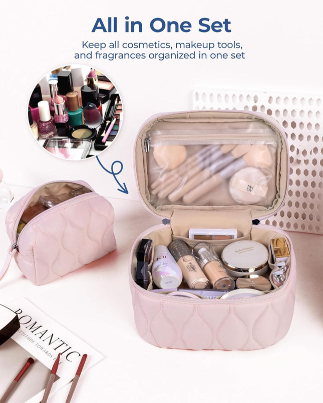 BAGSMART Travel Makeup Bag, 2-Piece Puffy Quilted Cute Make Up Bag Cosmetic Bags for Women, Large Wide-Open Toiletry Pou