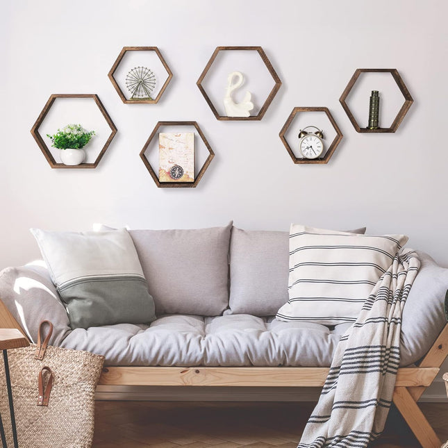 Hexagon Floating Shelves Set of 6 Farmhouse Honeycomb Wall Storage Shelf Wood Display Hexagonal Shelves Wall Mounted Han