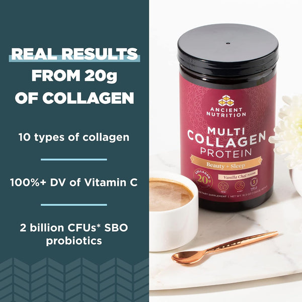 Ancient Nutrition Collagen Powder Protein, Multi Collagen Protein Beauty + Sleep with Vitamin C, Vanilla Chai, Hydrolyzed Collagen Peptides