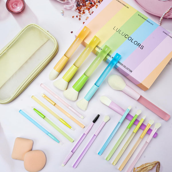 LULUCOLORS 18-Pcs Makeup Brush Set for Beginners - Travel-Friendly with Soft Arthritis-Friendly Handles & Non-Shedding Bristles | Includes Storage