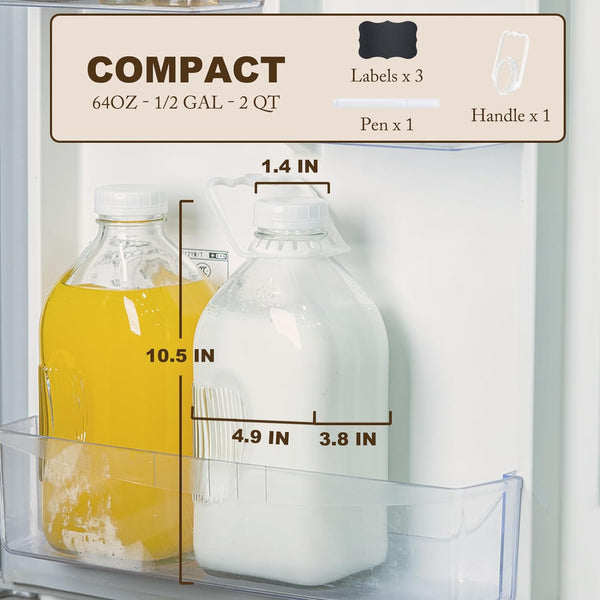 FyndraX Glass Milk Jugs Bottle - 64Oz Water Container with Airtight Screw Lid, Half Gallon Juice Jar Pitcher for Storage Iced or Hot Drinks in