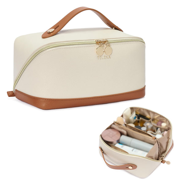 Telena Makeup Bag Large Capacity Travel Cosmetic Bag Portable PU Leather Water Resistant Makeup Organizer Bags for Women with Handle and Divider