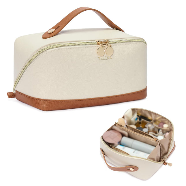 Telena Makeup Bag Large Capacity Travel Cosmetic Bag Portable PU Leather Water R