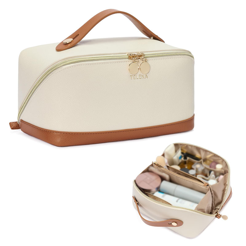 Telena Makeup Bag Large Capacity Travel Cosmetic Bag Portable PU Leather Water Resistant Makeup Organizer Bags for Women with Handle and Divider