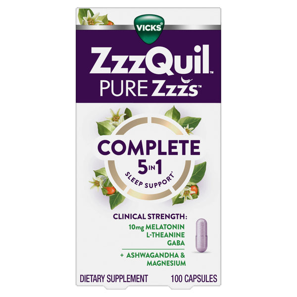 ZzzQuil Pure Zzzs Complete Sleep, Melatonin 10mg, L-Theanine, GABA, with Ashwagandha, and Magnesium, Melatonin Sleep Aid, 100 Count 100 Count