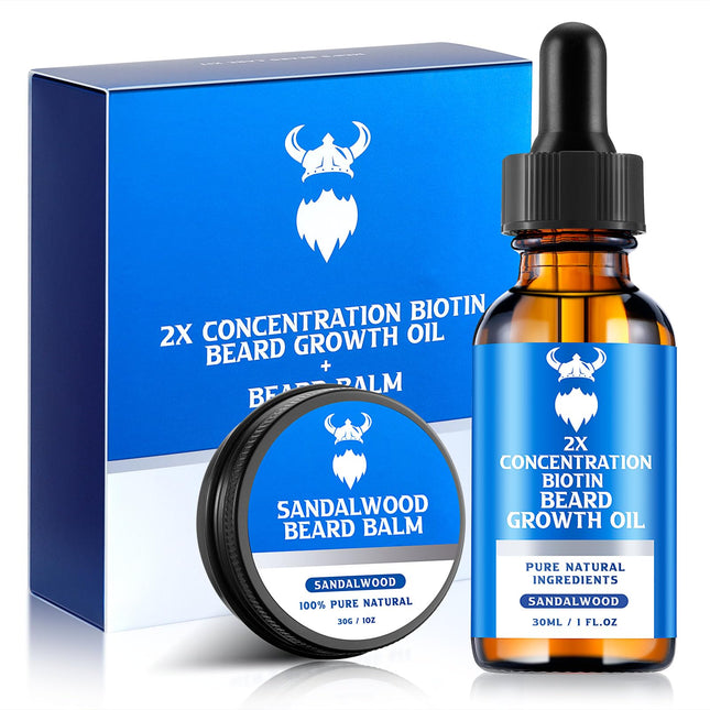 Beard Growth Oil & Beard Balm - Beard Growth Kit with 2X Concentration Biotin fo
