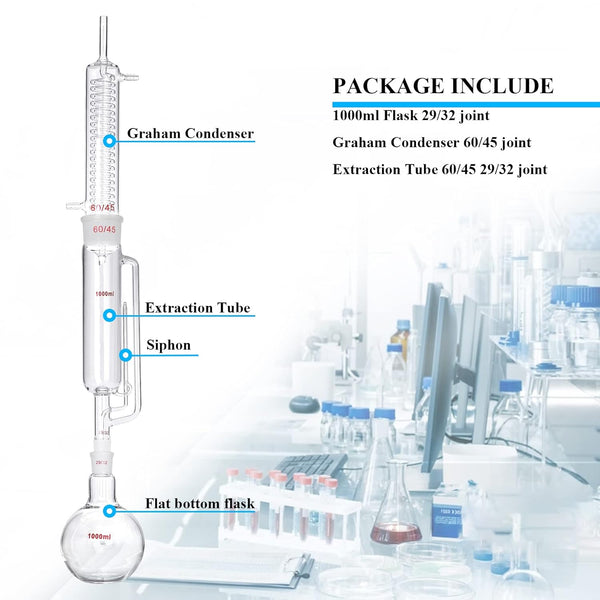 MXBAOHENG 1000Ml Soxhlet Extractor Kit Soxhlet Extraction Apparatus with 60/45 Graham Condenser, Flat Bottom Flask 29/32 Joint, Extractor Tube Lab