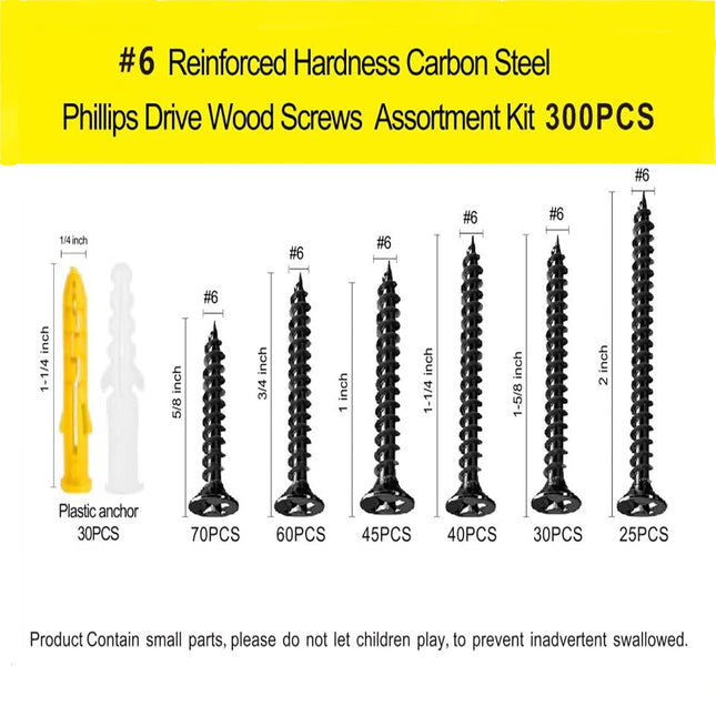 #6 Wood Screw Assembly Kit, Phillips Drive Flat Head Self Tapping Screw Set, Kitchen Cabinet Drywall Small Screws 300Pcs, Length 5/8" to 2", Oxide