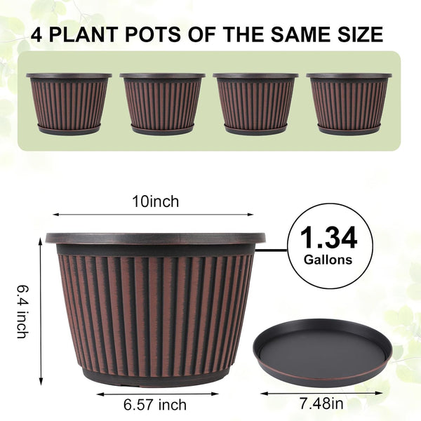 Myfeegoin Planter-Pots-for-Plants-Indoor-Outdoor, 4 Pack 10 Inch Plastic Flower Pots with Saucer & Drainage Holes, Modern Garden Planters for