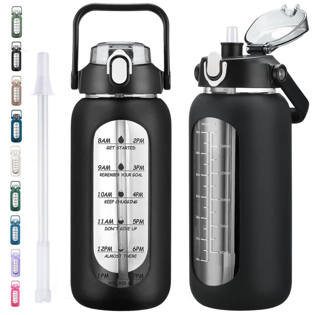 Kytffu 64Oz Glass Water Bottles with Straw, Half Gallon Motivational Glass Bottl