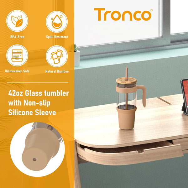 Tronco 40 Oz Glass Tumbler with Straw and Lid, Reusable Glass Tumbler with Handle, Iced Coffee Cup with Bamboo Lid, Glass Water Bottles Fit in Cup