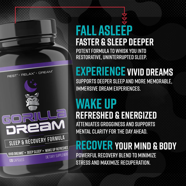 Gorilla Mind Dream Sleep Supplement (120 Capsules) - Nootropic Infused Comprehensive Sleep & Recovery Supplement - GABA, Melatonin, Valerian Root,