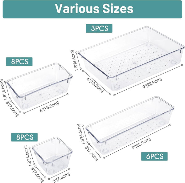 WOWBOX 25 PCS Clear Plastic Drawer Organizer Set, 4 Sizes Desk Drawer Divider Organizers and Storage Bins for Makeup, Jewelry, Gadgets for