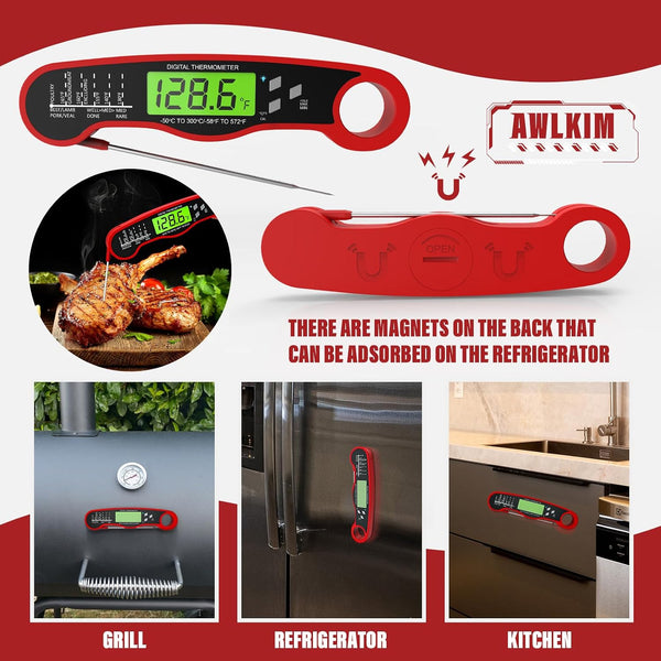 AWLKIM Meat Thermometer Digital, Instant Read Food Thermometer, Red | Waterproof cooking thermometer with doneness chart, backlight, F/C switch