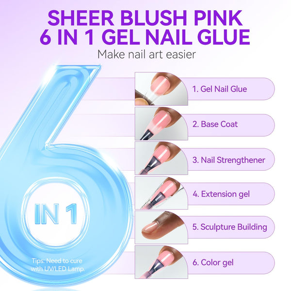 Gelike EC 6-in-1 Jelly Nail Glue Gel: Sheer Blush Pink UV Rubber Base Builder Gel for Apex Building & Short Extension – Extra Strong Adhesive for