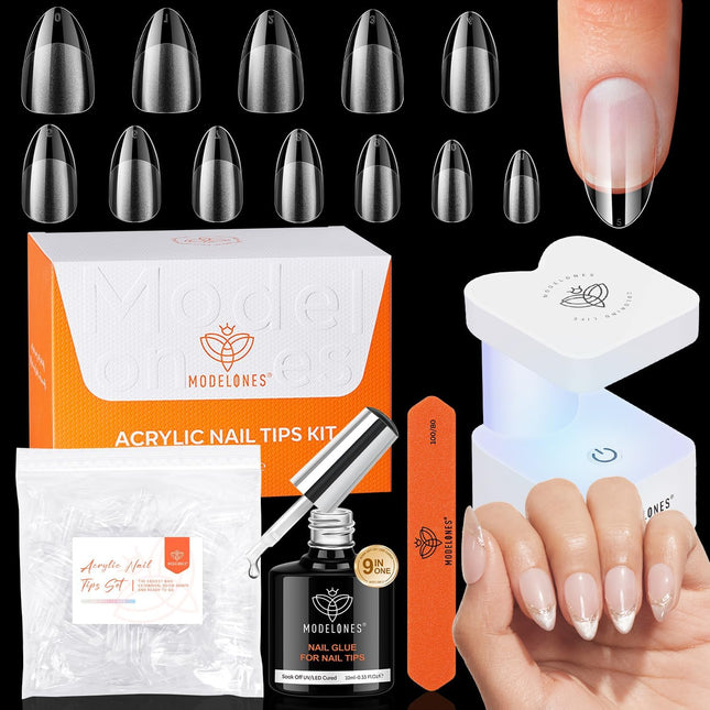 Modelones Gel Nail Kit Short Almond Gel Nail Tips, 9-In-One Nail Glue with Porta
