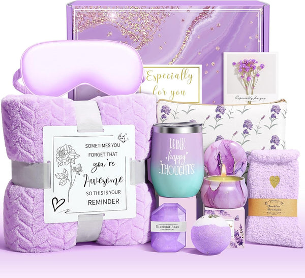 Happy Birthday Gifts for Women Self Care Gift, Relaxing Care Package Get Well Soon Spa Gift Basket with Luxury Blanket, Mothers Day, Brithday