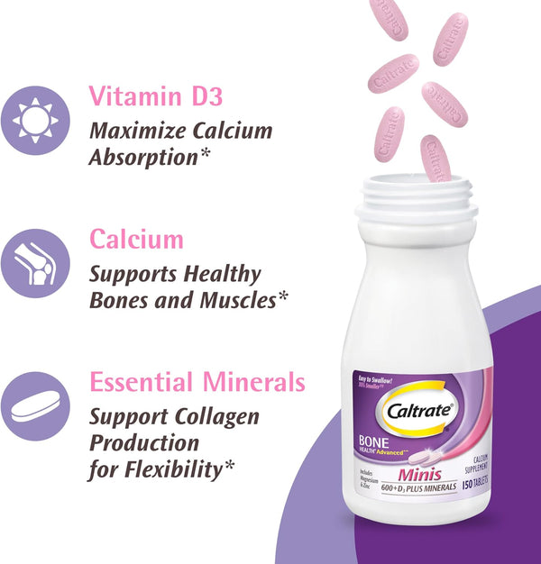 Caltrate Minis 600 Plus D3 Plus Minerals Calcium and Vitamin D Supplement Tablets, Bone Health and Mineral Supplement for Adults - 150 Count 150