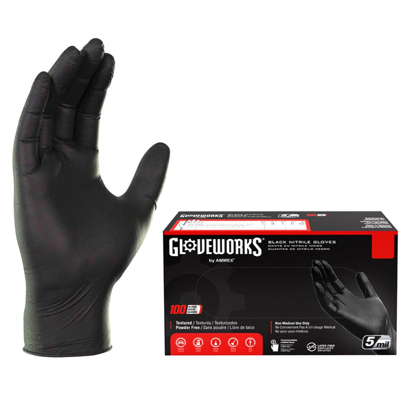 GLOVEWORKS Black Nitrile Gloves 5 Mil Disposable, Latex Free, Textured Grip for Food Service, Cooking, Professional Cleaning Small 1 Box of 100