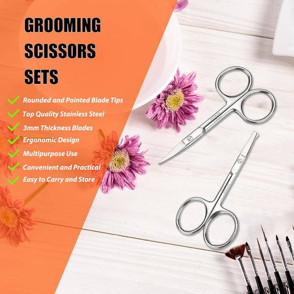 Facial Hair Small Grooming Scissors For Men Women - Eyebrow, Nose Hair, Mustache, Beard, Eyelashes, Ear Trimming Kit - Curved and Rounded Safety