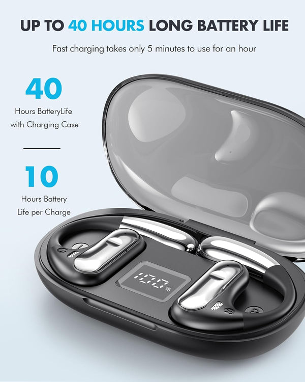 Open Ear Bluetooth 5.4 Headphones, 40Hrs Sport Earbuds, Stereo Deep Bass Sports Ear Buds Built in Mic, LED Display Charging Case, IPX7 Waterproof