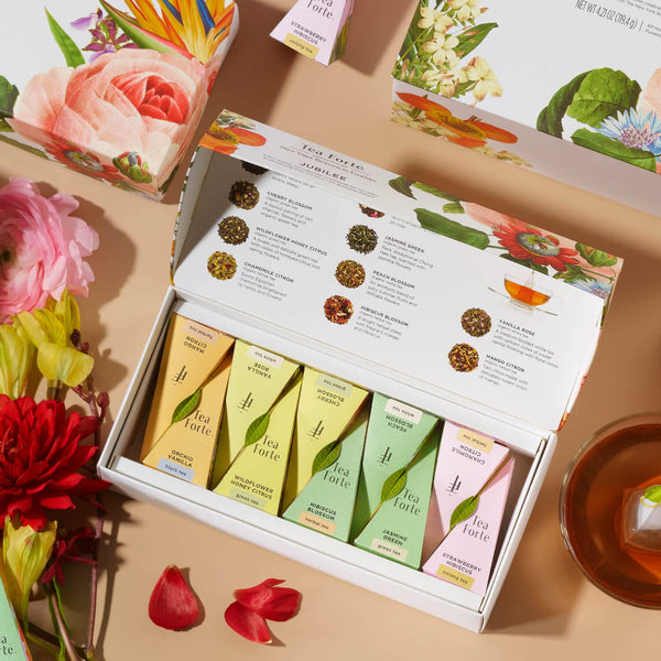 Tea Forte Premium Petite Presentation Box Gift Set Sampler, 10 Count, 2 of Each Blend Individually Wrapped Handcrafted Pyramid Infuser Bags,