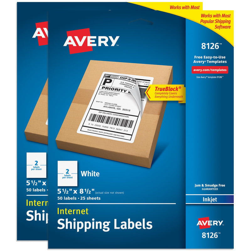 Avery Half-Sheet Printable Shipping Labels, 5.5" x 8.5" Customizable Stickers, White, 50 per Pack, 100 Blank Mailing Labels Total, Great for