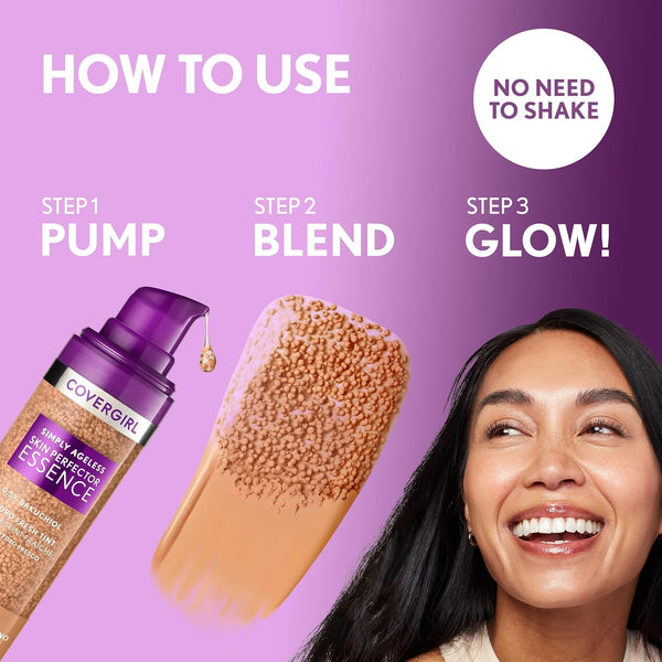 Covergirl Simply Ageless Skin Perfector Essence Foundation, 30 Light-Medium,Tinted Skincare Makeup Hybrid, Sheer Tint, Radiant Finish, Glowy