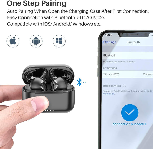 TOZO NC2 Hybrid Active Noise Cancelling Wireless Earbuds, In-Ear Detection Headphones, IPX6 Waterproof Bluetooth 5.3 Stereo Earphones, Immersive