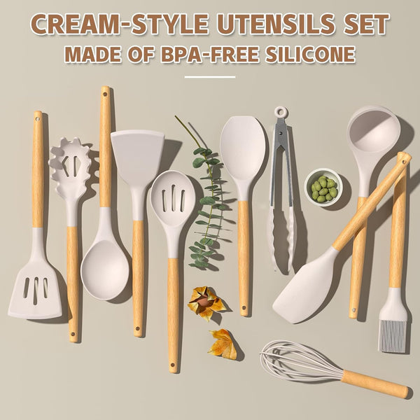 Umite Chef Kitchen Cooking Utensils Set, 33 pcs Non-Stick Silicone Cooking Kitchen Utensils Spatula Set with Holder, Wooden Handle Silicone