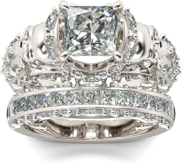 Jeulia Skull Engagement Ring Sets Sterling Silver Promise Eternity Band Rings Diamond Princess Cut with Cubic Zirconia Wedding Engagement