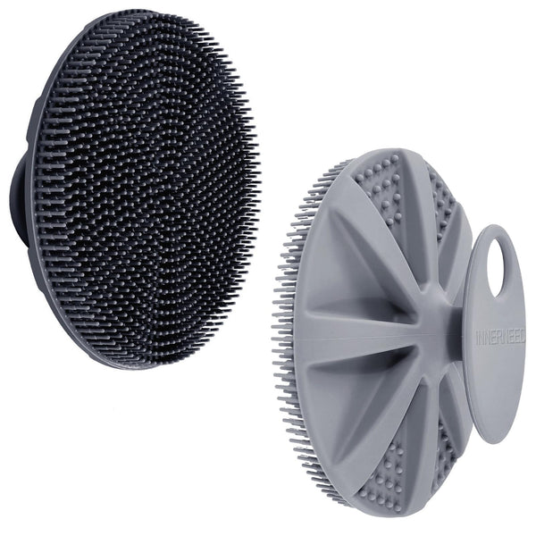 INNERNEED Food-Grade Soft Silicone Body Scrubber Shower Brush, Black+Gray | Handheld Cleansing Skin Brush, Gentle Exfoliating and Lather Well,