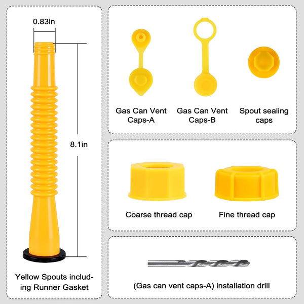 Gas Can Spout Replacement Kit, Gas Can Nozzle Replacement (2 Kit-Yellow) All gaskets are installed and ready to use upon receipt. For 1/2/5/10