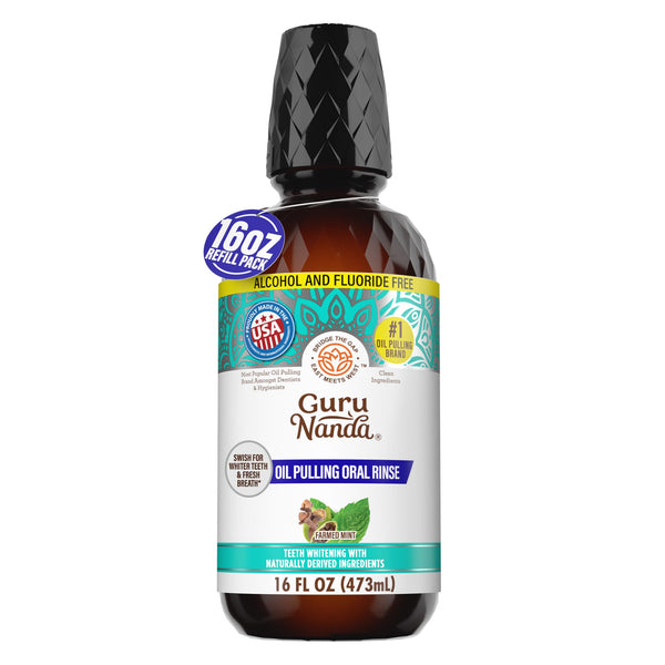 GuruNanda Farmed Mint Oil Pulling Mouthwash for Complete Oral Hygiene, 7 Essential Oils & Vitamins for Happy Teeth & Gums & Fresh Breath,