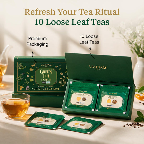 VAHDAM Green Tea Loose Leaf Sampler|10 Premium Teas in a Gift Box(50+ Cups) Green Tea Sampler - 10 Teas 10 Count (Pack of 1)